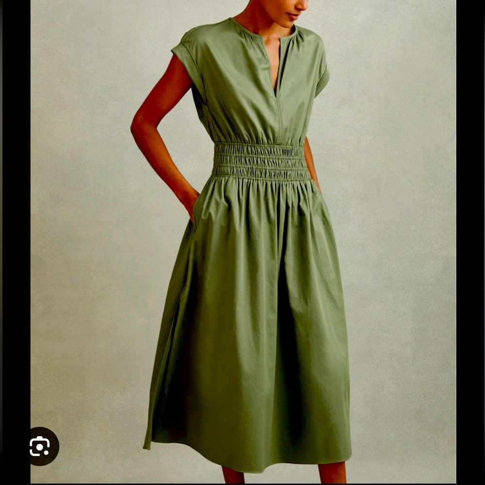 Reiss Green Lena Cotton Ruched Waist Midi Dress